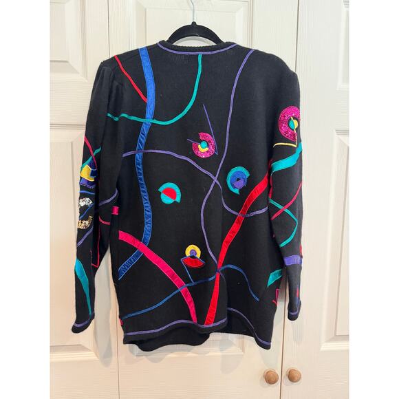 Vintage Magnolia Cardigan Sweater Black Colorful Abstract Art to Wear - Picture 6 of 8